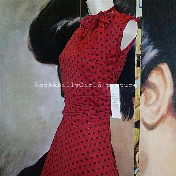 Lindy Bop Dottie Retro 1940's Red w Black Polka Dots Tea Dress w Tied Bow Collar - Picture 5 of 8